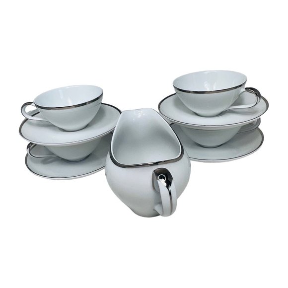 Harmony House Moderne Platinum Trim 4 Cups and Saucers & Creamer Japan No. 3545 - Picture 12 of 16